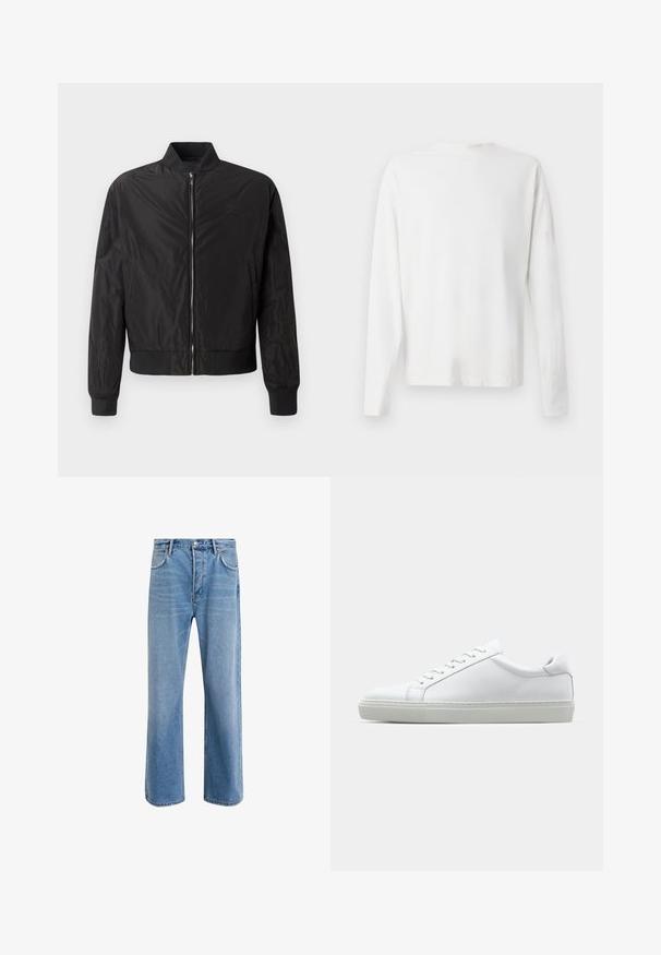 Černá bomber bunda se zipovým uzávěrem, žebrovanými manžetami a spodním lemem, s hladkou, lesklou texturou a jemně vyšitým logem na hrudi.; Bílá bavlněná košile s dlouhým rukávem a kulatým výstřihem, s bočními rozparky na spodní části a hladkým povrchem, vystavená zezadu.; Světle modré džínové kalhoty s rovnými nohavicemi, pěti kapsami, zapínáním na knoflík, minimálním vyblednutím a kontrastním prošitím.; Bílé tenisky s hladkým koženým svrškem a nízkým profilem. Mají zaoblenou špičku, šest nýtů a texturovanou gumovou podrážku.