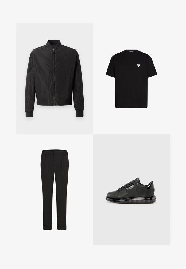 Čierna bomberská bunda s predným zipsom, rebrovanými manžetami a lemom, s hladkou, lesklou textúrou a jemne vyšívaným logom na hrudi.; Čierne bavlnené tričko s krátkymi rukávmi, okrúhlym výstrihom a malou bielou srdiečkovou grafikou na ľavej hrudi.; Čierne nohavice s elastickým pásom, s rovnými nohavicami a prehnutými manžetami. Vyrobené z hladkej tkaniny bez vzorov.; Čierne tenisky s hladkým koženým vrchom, zaoblenou špičkou a dizajnom na šnurovanie. Sú vybavené priehľadnou, polstrovanou podrážkou s tmavým gradientom.