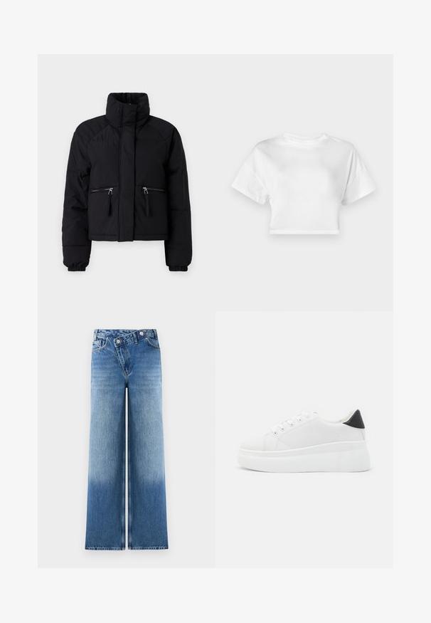 Črna skrajšana puhovka z visokim ovratnikom, dvema sprednjima žepoma z zadrgo, elastičnimi manšetami in gladko teksturo.; Bela skrajšana majica iz bombaža. Kratke roke, okrogla ovratnika, gladka tekstura, sproščen dizajn brez vzorcev ali okrasnih elementov.; Svetlo modri široki kavbojke z zbledelim videzom, ki vključujejo klasičen dizajn s petimi žepi in kovinske gumbe na pasu.; Bele platform tenisice izdelane iz gladkega sintetičnega materiala, z zaobljenim prstom, sistemom vezalk in teksturiranim gumijastim podplatom. Črn dodatek na peti.