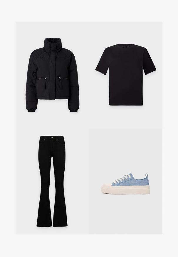Black cropped puffer jacket with a high collar, two zippered front pockets, elastic cuffs, and smooth texture.; Black short-sleeve t-shirt with a round neckline, crafted from soft cotton fabric. Simple design, no visible logos or patterns.; Black high-waist jeans with a button and zip closure, front pockets, and flared legs laid flat on a white background.; Light blue canvas sneakers with a cream rubber toe cap and outsole, featuring white laces and a pull tab on the heel.