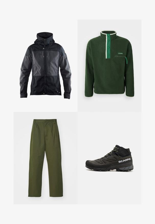 Crna jakna s dvoslojnim dizajnom s tamnijim panelom sprijeda, podesivom kapuljačom i zlatnim detaljima. Mekana tekstura.; Zeleni flis pulover s visokim ovratnikom, s kontrastnim bijelim patentnim zatvaračem, gumbima na drukere i džepom na prsima sa patentnim zatvaračem. Teksturirana tkanina.; Maslinasto zelene hlače viskog struka s ravnim nogavicama. Izrađene od lagane tkanine, s prednjim nabranim detaljima i zatvaranjem na dugme.; Crne planinarske cipele s gornjištem od antilopa i mrežastog materijala, srušene zelene vezice, robusna gumena potplate i urezani detalji. Ime branda istaknuto.