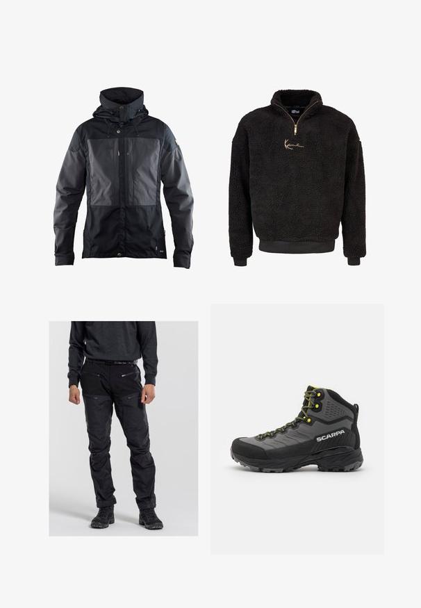 Musta takki, jossa on kaksivärinen muotoilu tummemmalla paneelilla edessä, säädettävä huppu ja kultaväriset yksityiskohdat. Pehmeä tekstuuri.; Mustat fleece-neuleet, joissa on puoliveto ja korkea kaulus. Varustettu kultaisella brodeeratulla logolla sekä ribbattuja hihansuita ja helmaa. Pehmeä, karheapintainen pinta.; Mustat ulkoiluhousut, jotka on valmistettu kestävästä kankaasta. Housuissa on useita vetoketjullisia taskuja, teksturoitu pinta ja vahvistetut polviolosuhteet. Housut on yhdistetty tummiin jalkineisiin.; Musta ja harmaa vaelluskenkä, jossa on teksturoitu kangas, kirkkaat keltaiset yksityiskohdat, vahvistettu kärki ja kumipohja, jossa on syvät urat pidon takaamiseksi.