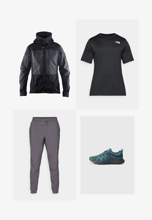 Black jacket featuring a two-tone design with a darker panel on the front, adjustable hood, and gold-tone hardware accents. Soft texture.; Black short-sleeve t-shirt made of lightweight, moisture-wicking fabric. Features a white logo on the left chest and a crew neckline.; Gray, lightweight, elastic waist pants with adjustable drawstring; tapered legs; smooth texture; includes logo detail on the side.; Columbia PEAKFREAK ROAM - Hiking shoes - everblue/dark grey