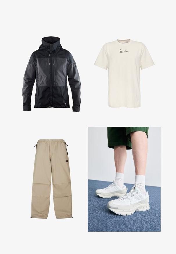 Melna jakas divkrāsu dizains ar tumšāku paneli priekšpusē, ar regulējamu kapuci un zelta toņa detaļām. Mīksta tekstūra.; Kremveida kokvilnas T-krekls ar īsām piedurknēm, noapaļotu kaklu un mazu melnu paraksta logo kreisajā krūtī. Gluda tekstūra, regulāra piegriezuma.; Bežīgas kravas bikses ar elastīgu jostu, sānu kabatām un regulējamiem aukliņām pie bikšu apakšas, kas izgatavotas no gludas, vieglas auduma.; Baltas sporta apavi ar teksturētām detaļām, masīvu zoli un pelēkiem akcentiem. Valkāti ar baltiem zeķu pēdu apģērbiem un zaļām šortiem uz zilas virsmas.