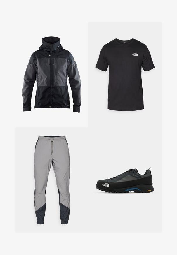 Must musta, millel on kahe tooni disain, tumedam paneel ees, reguleeritav kapuuts ja kuldse tooni detailid. Pehme tekstuur.; Must have lühikeste varrukatega must T-särk, mis on valmistatud puuvillast, ümmarguse kaelusega ja väikese valge logoga vasakus ülanurgas.; Kergedatud hallid sportlikud püksid mustade aktsentidega. Elastne vöökoht, stringiga sulgemine, kitsenev jala disain ja küljetaskud.; The North Face VERTO ALPINE GORE TEX - Matkajalatsid - asphalt grey/tnf black