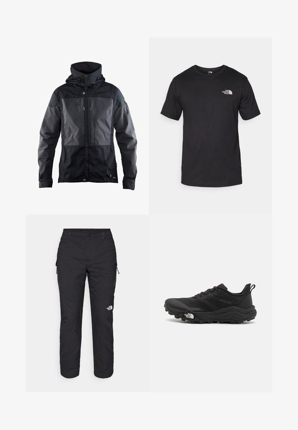 Črna jakna z dvobarvnim dizajnom, ki ima temnejšo ploščo spredaj, nastavljivo kapuco in zlatimi akcenti. Mehka tekstura.; Črna kratko sleeved majica iz bombaža, s krožnim izrezom in majhnim belim logotipom na zgornjem levem delu prsnega koša.; The North Face WINTER EXPLORATION TAPERED CARGO - Hlače za na prostem - black; Črne tekaške čevlje za trail s teksturirano zgornjega dela, gumijastim podplatom in ojačanim zaključkom prstov. Vključuje oblazinjen ovratnik in zanko za enostavno obuvanje.