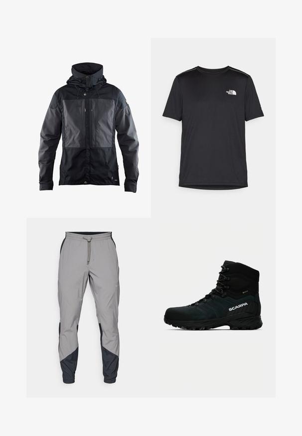 Jachetă neagră cu un design bicromat, având un panou mai închis pe față, glugă ajustabilă și accente hardware aurii. Textură moale.; Tricou negru cu mânecă scurtă, realizat dintr-un material ușor. Prezintă un mic logo alb pe pieptul stâng și accente subtile pe umeri.; Pantaloni sportivi ușori, gri, cu accente negre. Talie elastică, închidere cu șnur, design cu picior tapered și buzunare laterale.; Boots negre de drumeție cu un upper texturat, căptușeală impermeabilă din GORE-TEX, talpă din cauciuc moldat și suport pentru gleznă întărit. Prezintă brandul SCARPA.