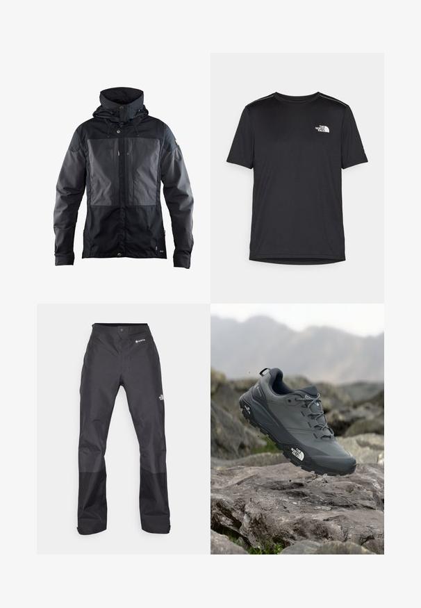Black jacket featuring a two-tone design with a darker panel on the front, adjustable hood, and gold-tone hardware accents. Soft texture.; Black short-sleeve T-shirt made from lightweight fabric. Features a small white logo on the left chest and subtle shoulder accents.; Black waterproof pants with a smooth texture, featuring a GORE-TEX logo on the front, and reinforced lower legs for durability.; Grey trail running shoe with a textured upper, durable rubber sole, and reinforced toe cap. Features laces and brand logo on the side.