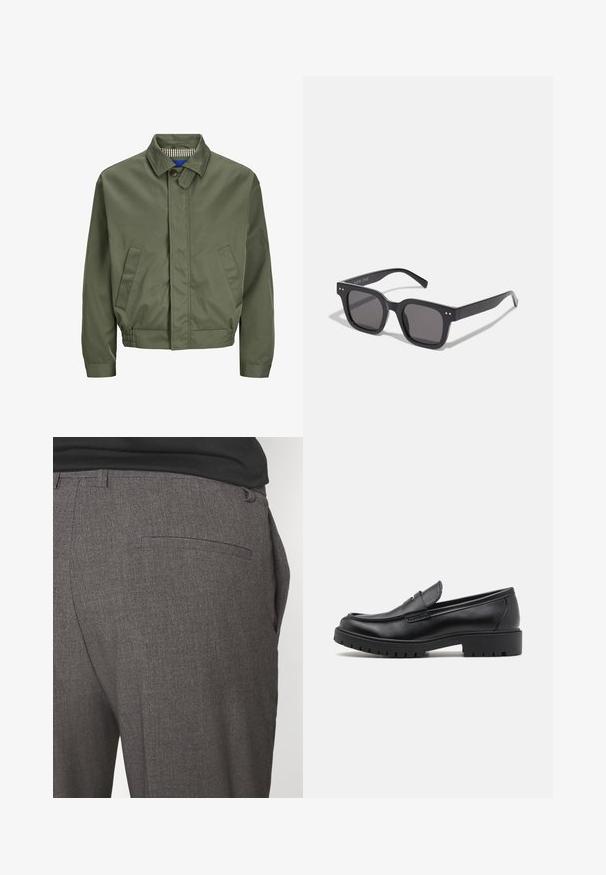 Olive green bomber jacket with a collar, front button closure, two side pockets, and elastic cuffs at the hem. Interior has a checkered pattern.; Cream cotton-blend sweater with a ribbed crew neckline, dropped shoulders, and ribbed cuffs and hem. Soft texture with a relaxed fit.; Gray tailored trousers with a smooth texture, featuring a single back pocket and a slim fit design. Fabric has a subtle pattern.; Black leather loafers with a rounded toe, slip-on design, and thick rubber sole featuring a textured grip. Elevated heel and subtle stitching details.; Black rectangular sunglasses with dark lenses, featuring a thick frame, subtle accents on the sides, and no visible logos beyond the brand name.; Carhartt WIP GRAPHIC TOTE UNISEX - Tote bag - salt