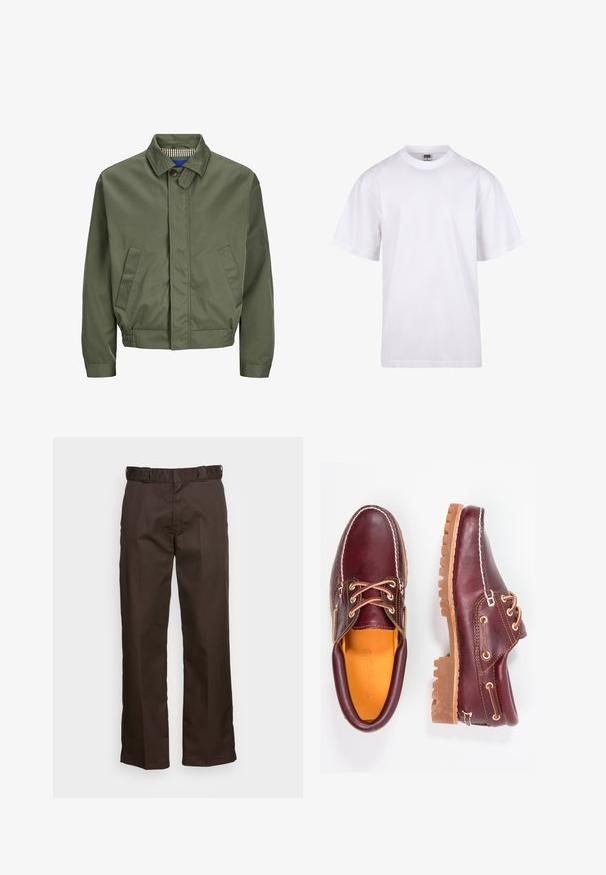 Oliivroheline pommijaak, millel on krae, esine nööbid, kaks küljetaskut ja elastsed varrukaotsad. Siseosa on ruuduline.; Valge puuvillane t-särk ümmarguse kaeluse, lühikeste varrukate ja lõdva lõikega. Omab lihtsat disaini ilma mustrite või aktsendita.; Pruunid püksid sirge lõikega, millel on lapikud esipooled, vöökohaga silmused ja sile tekstuur. Lihtne disain ilma mustrite või aktsentideta.; Burgundia nahkkingad pruunide kummitaldadega, ümmarguse varbaga, valge tikandi ja kuldsete silmadega. Siseosa on kollase voodriga.