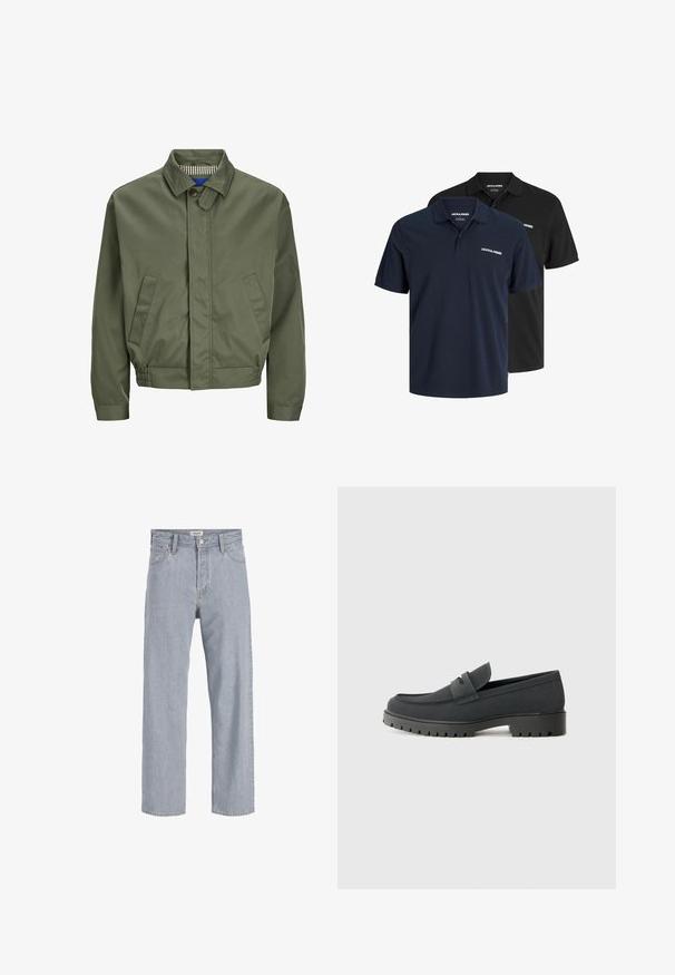 Jachetă bomber de culoare verde măslinie, cu guler, închidere cu nasturi pe față, două buzunare laterale și manșete elastice la tiv. Interiorul are un model în carouri.; Două tricouri polo: unul bleumarin cu logo alb și unul negru. Ambele au un guler clasic și mâneci scurte, fiind fabricate dintr-un material ușor.; Jeanși din denim bleu deschis cu o croială lejeră, design cu picior drept, cusături vizibile, două buzunare frontale și închidere cu nasture.; Pantof cu toc negru, cu o finisare netedă, mată, având un vârf rotund și o talpă groasă, texturată. Este accentuat cu o curea frontală.