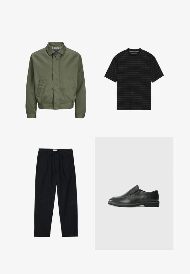 Giubbotto bomber verde oliva con colletto, chiusura frontale con bottoni, due tasche laterali e polsini elasticizzati all'orlo. L'interno ha un motivo a quadretti.; T-shirt nero a maniche corte con sottili righe orizzontali bianche. Realizzato in tessuto morbido con scollatura rotonda e vestibilità comoda.; Pier One Chino - black; Scarpa nera in pelle con inserto scivolare, superiore liscio, dettagli cuciti, punta arrotondata e tacco in gomma basso. La suola presenta un battistrada minimale.