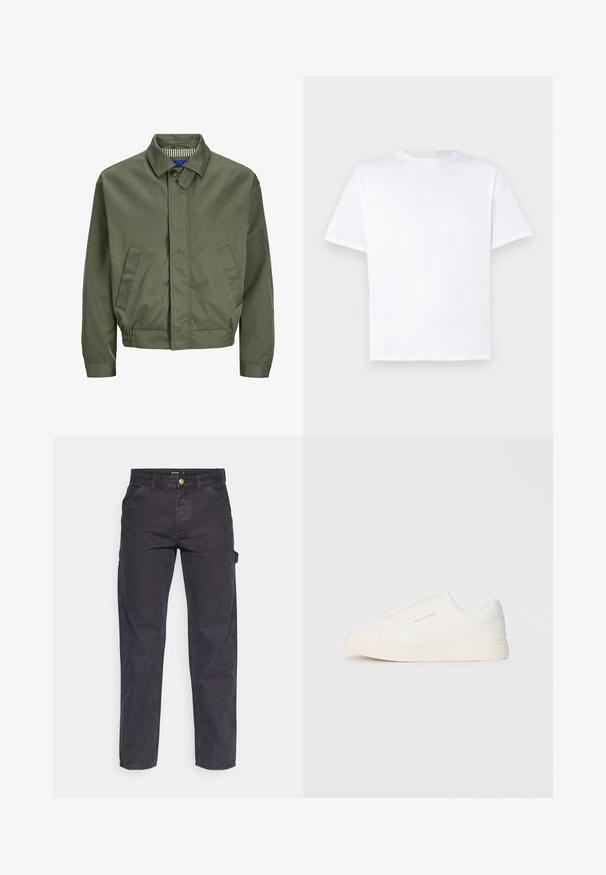 Olivově zelená bomber bunda s límcem, zapínáním na knoflíky vpředu, dvěma bočními kapsami a elastickými manžetami na spodním lemu. Interiér je s károvaným vzorem.; Bílý bavlněný tričko s kulatým výstřihem a krátkými rukávy. Hladká textura, rovný střih, bez vzorů nebo akcentů. Jen pohled zezadu.; Tmavě šedé cargo kalhoty vyrobené z odolné látky, s rovnými nohavicemi, pěti kapsami a knoflíkovým zapínáním v pase.; Bílé slip-on tenisky s texturovaným povrchem, silnou podešví a minimalistickým designem. Na boku je umístěno logo značky.