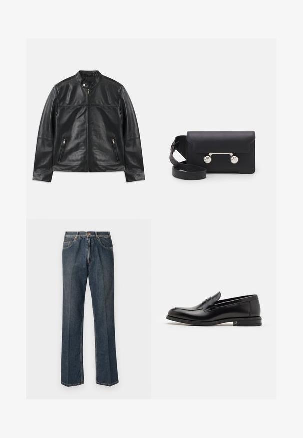 Must must nahkjakkaar kaelusega, ees tõmblukuga, kaelal nööbiga sulgumine ja kaks vertikaalset tõmblukuga külgetaskut.; Kreemivärvi kudumiga sviiter polo krae, sooniküttega varrukate ja äärega, ees klappi ja pehme tekstuuriga.; Tumedast sinised sirged teksapüksid, millel on ees nupp, tõmblukk, kaks eesmist taskut ja nähtavad vertikaalsed kortsud pükste jalgu pidi.; Mustad mustad nahast loafers sileda tekstuuriga, ümarat ninaosa ja dekoratiivne riba vampi üle. Madal kihiline konts, minimalistlik disain.; Must со хsaid crossover kottiga black nahka, mis on varustatud klapiga sulgemisega, hõbedased detailid ja kaks ümmargust aksessuaar. Omab eemaldatavat rihma. Sile tekstuur.