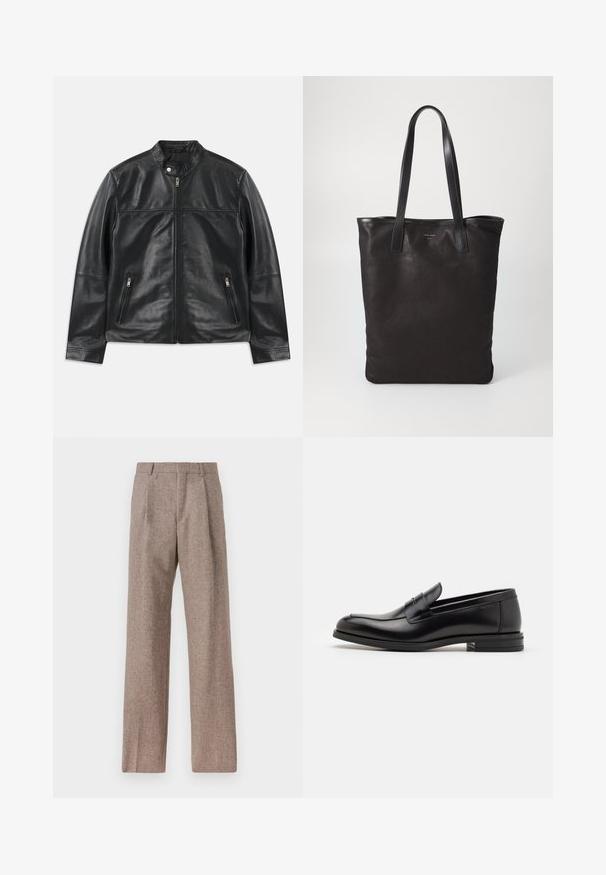 Juodas odinis švarkas su stovinčiu apykakle, priekinis užtrauktukas, sagties uždarymas kaklo srityje ir dvi vertikalios užtrauktukų šoninės kišenės.; Šviesiai mėlyna ilgarankovė marškiniai su smailiu apykakle, juodais mygtukais ir unikaliu išpjovimu priekyje, kuri suteikia išskirtinį dizainą.; Rudos, aukšto liemens kelnes, pagamintas iš tekstūruotos medžiagos. Plati kojos, dvi priekinės klostės struktūrai. Tvarkingas apdailos darbai, be matomų detalių.; Juodos odinės loafers, turinčios lygų paviršių, apvalią noselę ir dekoratyvinę juostą per priekinę dalį. Žemas krentantis kulnas, minimalistinis dizainas.; Juodas drobės pirkinių maišelis su juodais odiniais rankenomis. Paprastas dizainas, erdvus kūnas ir lygus paviršius. Nėra matomų logotipų ar raštų.