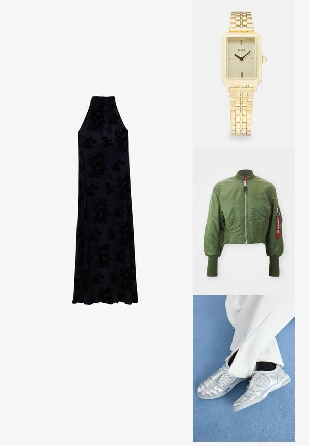 Chaqueta bomber recortada en verde oliva, hecha de nylon suave, con cremallera frontal, cuello acanalado y una etiqueta roja de acento en la manga.; Vestido largo de cuello halter en tela azul marino oscura con un patrón floral texturizado. Fluye suavemente desde un corpiño ajustado hasta una falda amplia.; Zapatillas deportivas plateadas con un acabado suave y brillante, que presentan un diseño cosido y el número 90 en el lateral, combinadas con pantalones blancos.; Bolsa tote de color beige tejida, con un diseño holgado y una sola correa para el hombro. Presenta un patrón texturizado en toda la superficie.; Reloj de pulsera rectangular dorado con un dial verde claro texturizado, dos marcadores de hora negros, una pulsera de metal dorado y un diseño minimalista.