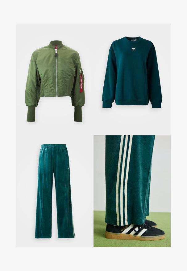Beskaaret bomberjakke i olivengrøn, lavet af glat nylon, med frontlynlås, ribstrikket krave og et accentræd mærke på ærmet.; Mørkegrøn Adidas sweatshirt med lange ærmer og hvid Adidas-logo centreret på brystet, præsenteret på en hvid baggrund.; Teal velour joggingbukser med en løs pasform, elastisk talje, sidelommer og subtil tekstur. Har kontrasterende striber langs siderne.; Grønne teksturerede bukser med hvide sidelince, parret med sorte Adidas sneakers med tre hvide striber og en gummisål.