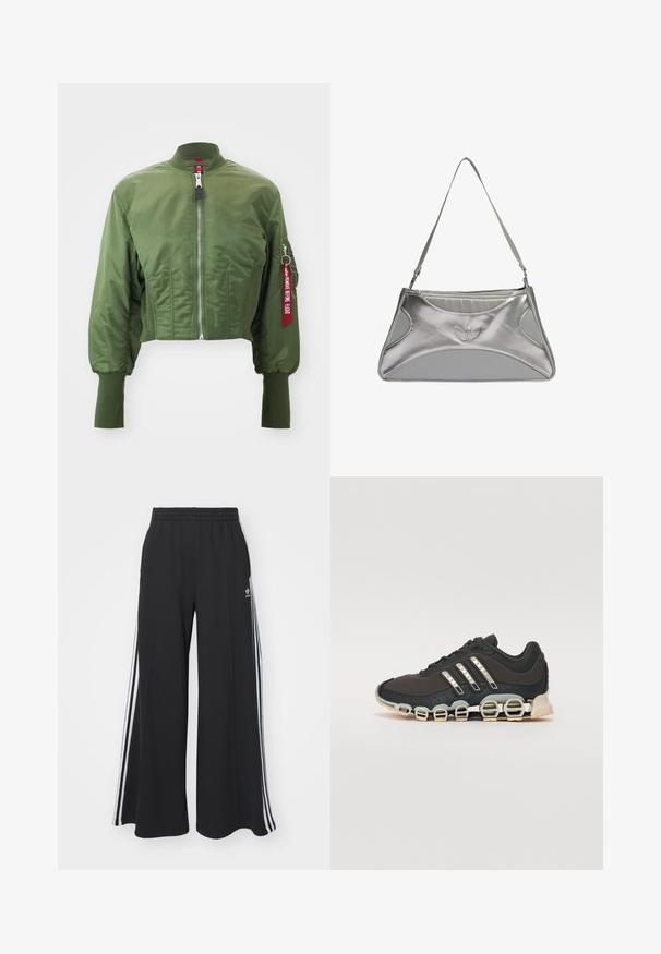 Beskaaret bomberjakke i olivengrøn, lavet af glat nylon, med frontlynlås, ribstrikket krave og et accentræd mærke på ærmet.; Sort bomulds t-shirt med hvide detaljer på kraven og ærmerne, præget af tre hvide striber på hver skulder og et lille logo på brystet.; Sorte brede sweatpants med elastisk talje, med hvide sidelommer og et broderet logo på venstre lår.; Sort træningssko med en tekstureret overdel, tre sølvstriber og en karakteristisk støttende sål med flere integrerede sektioner.; Sølvmetallic håndtaske med et slankt, struktureret design, der har en tekstureret overflade, en skulderrem og en prægede logo accent.