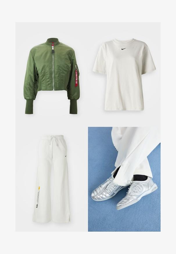Aukščiausios klasės bombonešio striukė alyvuogių spalvos, pagaminta iš glotnaus nailono, su priekiniais užtrauktukais, gubruotu apykakle ir akcentiniu raudonu žymekliu ant rankovės.; Balta medvilnė marškinėliai su apvaliu kaklu ir trumpomis rankovėmis. Priekyje yra mažas juodas Nike logotipas. Paprastas ir nepuošnus dizainas.; Balti, plačios sportinės kelnės su elastine juosta, raišteliu, šoninėmis skeltėmis, juodu Nike logotipu ir kontrastingu geltonu grafiniu tekstu.; Sidabriniai sportiniai batai su lygiu, blizgiu paviršiumi, turintys siuvinėtą dizainą ir numerį 90 šone, derinami su baltais kelnėmis.
