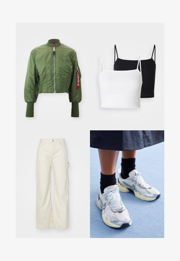 Zkrácená bomber bunda v olivově zelené barvě, vyrobená z hladkého nylonu, s předním zipem, žebrovaným límcem a červeným štítkem jako doplňkem na rukávu.; Dvě proužkové tílka v bílé a černé barvě, s tenkými nastavovacími ramínky a zkráceným střihem. Měkká látka s hladkou texturou.; Široké kalhoty z světle béžové látky, s vysokým pasem, předními kapsami a bočním poutkem pro větší funkčnost.; Bílé a stříbrné tenisky Nike z prodyšné tkaniny s reflexními akcenty a béžovou podrážkou. Nosené s černými ponožkami, stojící na modrém povrchu.