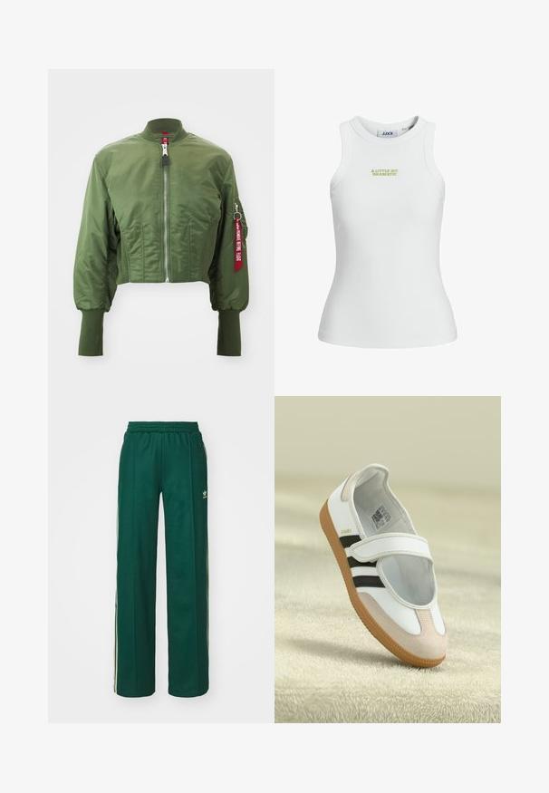 Zkrácená bomber bunda v olivově zelené barvě, vyrobená z hladkého nylonu, s předním zipem, žebrovaným límcem a červeným štítkem jako doplňkem na rukávu.; Bílý žebrovaný tílko s přiléhavým střihem, s zeleným vyšitým textem "MALOU TROCHU DRAMATICKÉ" na přední straně.; Tmavě zelené sportovní kalhoty s volným střihem, které mají stahovací pas, boční kapsy a krémové pruhy po stranách.; Bílé boty se špičkou z růžového semiše, černými pruhy a suchým zipem. Mají hnědou gumovou podrážku a logo po straně.