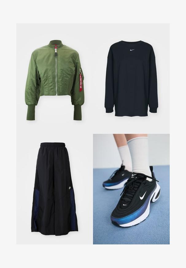 Gekürzte Bomberjacke in Olivgrün, aus glattem Nylon, mit einem Frontreißverschluss, geripptem Kragen und einem roten Akzentlabel am Ärmel.; Schwarzes Langarm-T-Shirt aus Baumwolle mit Rundhalsausschnitt. Mit weißem Nike-Logo auf der Brust. Weiche Textur, simples Design.; Schwarze weit geschnittene Hose aus leichtem Stoff, mit einem dunkelblauen Seitenpanel und einem elastischen Bund. Kleines weißes Logo am unteren Ende.; Schwarze Nike-Sneaker mit einem glatten Obermaterial aus Stoff, das ein verlaufendes Design von Blau zu Schwarz aufweist, weiße Sohle und auffällige Logo-Akzente.