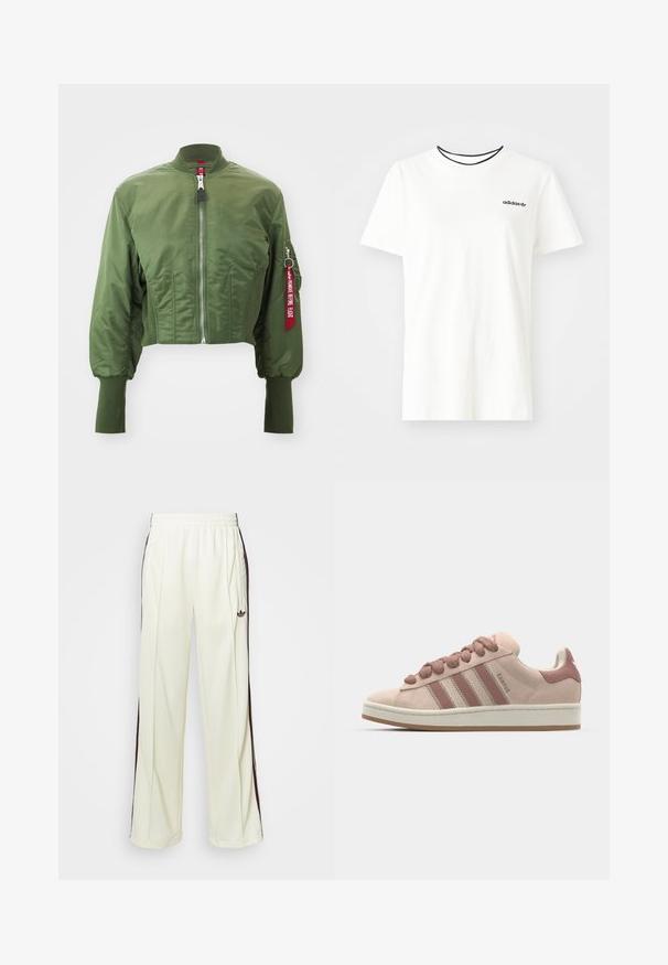 Krátka bomber bunda v olivovej zelenej farbe, vyrobená z hladkého nylonu, so zapínaním na prednej strane, vrúbkovaným golierom a červenou nášivkou na rukáve.; Biela bavlnená tričko s krátkymi rukávmi a okrúhlym výstrihom. Obsahuje čierne logo Adidas na hrudi a kontrastný čierny vnútorný golier.; Krémové mikinové nohavice s voľným strihom, so tmavohnedými bočnými pruhmi a vyšitým logom na ľavom stehne.; Ružové semišové tenisky s tromi tmavšími ružovými pruhmi, okrúhlymi šnúrkami a bielou medzipodrážkou. Navrhnuté s polstrovaným golierom pre pohodlie.