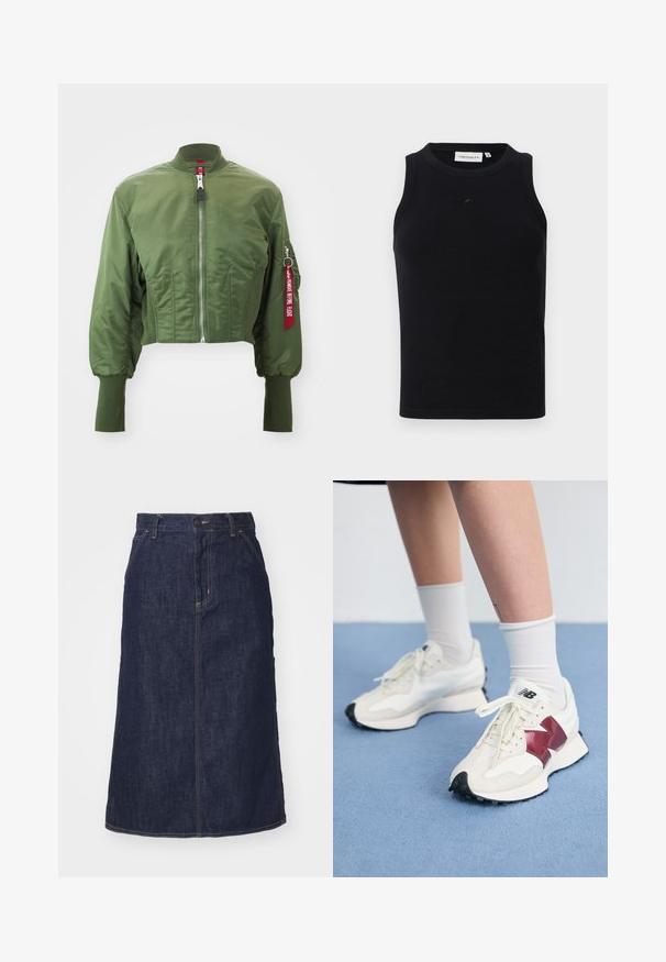 Giacca bomber tagliata in verde oliva, realizzata in nylon morbido, con zip frontale, colletto a coste e un'etichetta rossa di accento sulla manica.; Top senza maniche nero realizzato in tessuto ribbed, con scollatura rotonda e un piccolo logo sul davanti. Design semplice e aderente.; Gonna di jeans scuro con vita alta, taglio dritto, tasche frontali e cuciture a vista. Presenta una chiusura con zip e bottone in vita.; Paio di sneakers bianche con accenti bordeaux, pannelli testurizzati, suola piatta nera e lacci leggeri, indossati con calzini bianchi alla caviglia.