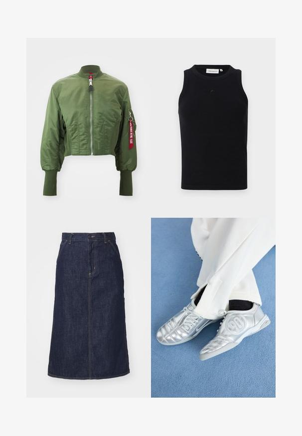 Krótkia kurtka bombowca w oliwkowym kolorze, wykonana z gładkiego nylonu, z zamkiem błyskawicznym z przodu, prążkowanym kołnierzem oraz akcentującą czerwoną metką na rękawie.; Czarna bezrękawnikowa bluzka wykonana z ribbowanej tkaniny, z okrągłym dekoltem i małym logo z przodu. Prosty, dopasowany krój.; Ciemnoniebieska spódnica dżinsowa z wysokim stanem, prostym krojem, przednimi kieszeniami i przeszyciami. Posiada zamek błyskawiczny i guzik w pasie.; Srebrne buty sportowe o gładkim, błyszczącym wykończeniu, z wyszywanym wzorem i numerem 90 po boku, zestawione z białymi spodniami.