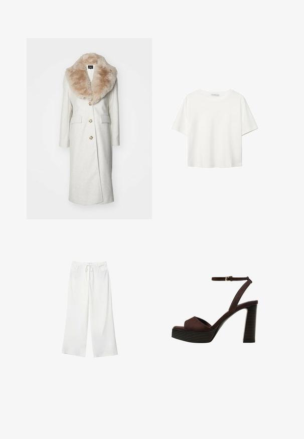 ONLY ONLLIVA NANCY LIFE COAT - Manteau classique - whitecap gray melange; T-shirt blanc à manches courtes en coton. Doté d'un col ras du cou et d'une coupe décontractée. Texture lisse sans motifs ni accents visibles.; Pantalons larges blancs en tissu doux, dotés d'une taille à cordon de serrage et de deux poches avant. Texture lisse et sans motifs visibles.; Sandale à talons hauts en suede marron avec un bout ouvert, une bride de cheville réglable et une semelle de plateforme rayée.