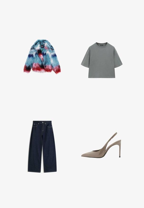 Neppels jacket met een levendig blauw, roze en rood kleurenpalet; harige textuur; korte mouwen en een losse pasvorm; merklabel zichtbaar aan de binnenkant.; Grijze katoenen T-shirt met een ontspannen, boxy vorm, korte mouwen en een ronde halslijn. Bevat zichtbare stiksels langs de randen.; Donkerblauwe denim jeans met wijde pijpen, voorzakken, knoopsluiting en zichtbare stiksels op een witte achtergrond.; Beige gepatenteerde leren slingback hoge hakken met een spitse neus en een slank ontwerp, voorzien van een dunne hoge hak en een uitsparing aan de zijkant.