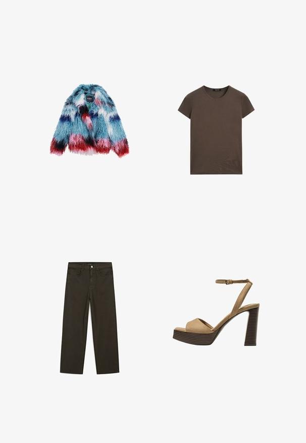 Giacca in pelliccia sintetica con una vivace combinazione di colori blu, rosa e rosso; texture shaggy; maniche corte e vestibilità ampia; etichetta del marchio visibile all'interno.; T-shirt marrone a maniche corte realizzata in tessuto liscio, con scollo tondo e vestibilità regolare, senza motivi o accenti aggiuntivi.; Jeans a gamba larga di colore verde scuro, realizzati in tessuto misto cotone, dotati di chiusura con bottone frontale, cinque tasche e cuciture classiche in denim.; Sandali con tacco alto in suede beige, con una larga fascetta anteriore e una fascetta alla caviglia, dotati di un tacco blocco in legno spesso con una finitura testurizzata.