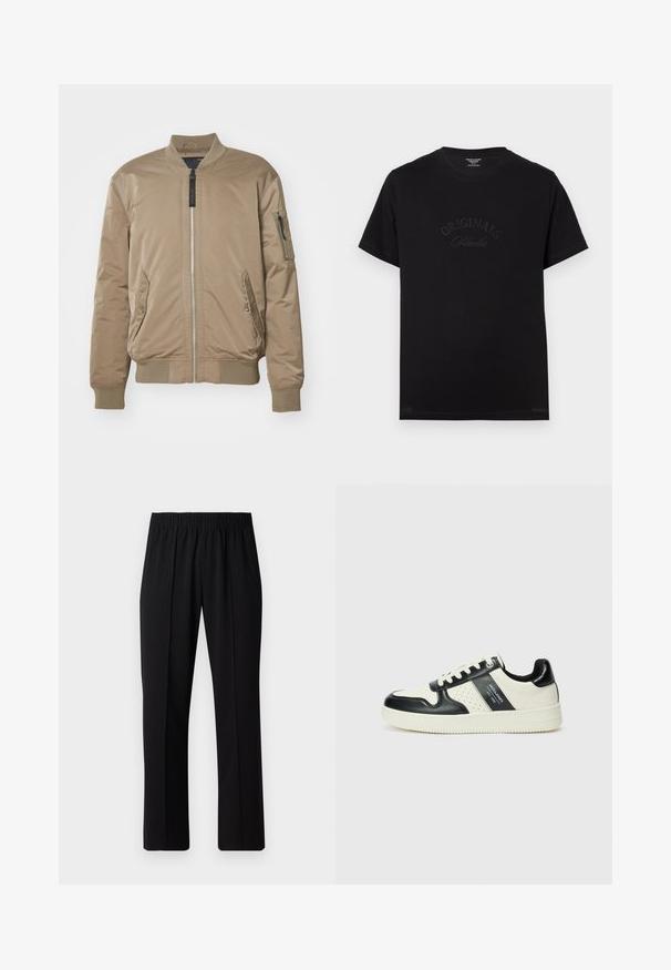Replay JACKET - Bomberjacke - light mud; Schwarzes Baumwoll-T-Shirt mit kurzen Ärmeln und rundem Halsausschnitt. Auf der Vorderseite befindet sich der Schriftzug "ORIGINALS Studio" in eingeprägten, tonalen Buchstaben.; Schwarze, Gummibund-Hosen mit geradem Schnitt, die eine glatte Textur aufweisen und keine sichtbaren Muster oder Beschläge haben.; Leder-Sneaker in Schwarz- und Cremetönen, mit perforierten Akzenten, einem gepolsterten Kragen und einer strukturierten Laufsohle.