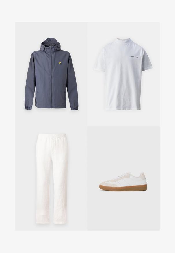 Tumehall zip-up kapuutsiga jakk elastsete mansettidega, küljetaskud kleepsnuppudega ning rinnal väike kollane linnu logo.; Valge puuvillane t-särk kõrge kaelusega ja lühikeste varrukatega. Esipaneelil must "SAMSØE SAMSØE" logo. Sile tekstuur.; Valged linased püksid elastse vöökoha, sirge jala kujunduse ja kergelt tekstureeritud kangaga. Ilma mustrite või lisadega.; Valge ja beež sneaker, millel on napale ja nahast elemendid. Varustatud kummist tallaga, nööpidega sulgemisega ning minimalistlikke külgribadega.