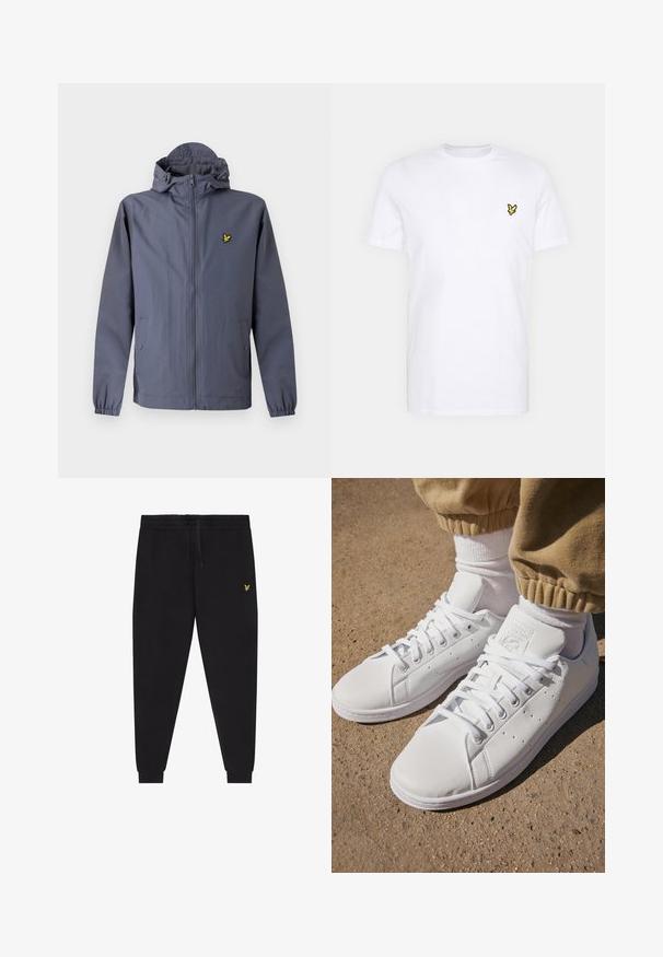 Dark gray zip-up hooded jacket with elastic cuffs, side pockets with snap buttons, and a small yellow bird logo on the chest.; White cotton T-shirt featuring a small black and yellow embroidered logo on the left chest. Short sleeves and a crew neckline.; Black jogger pants with elastic waistband and drawstring, tapered legs with cuffs, and small yellow embroidered logo on right thigh.; White leather sneakers with a smooth surface, featuring a classic lace-up design, perforations for breathability, and a textured rubber outsole.