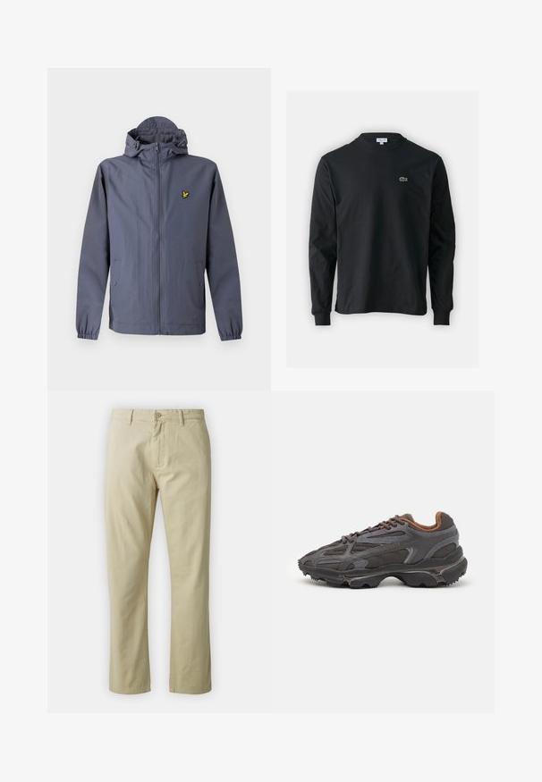Giacca a zip con cappuccio di colore grigio scuro, con polsini elasticizzati, tasche laterali con bottoni a scatto e un piccolo logo di un uccellino giallo sul petto.; T-shirt a maniche lunghe nera in cotone, con scollatura rotonda e un piccolo logo di coccodrillo ricamato in verde sul lato sinistro del petto.; Pantaloni in cotone beige dal design a gamba dritta, con chiusura frontale a bottone e passanti per cintura. Tessuto liscio, senza motivi o dettagli visibili.; Sneaker Lacoste grigie scure in materiale mesh e sintetico, con suola testurizzata e dettagli marroni sul colletto e sul branding.