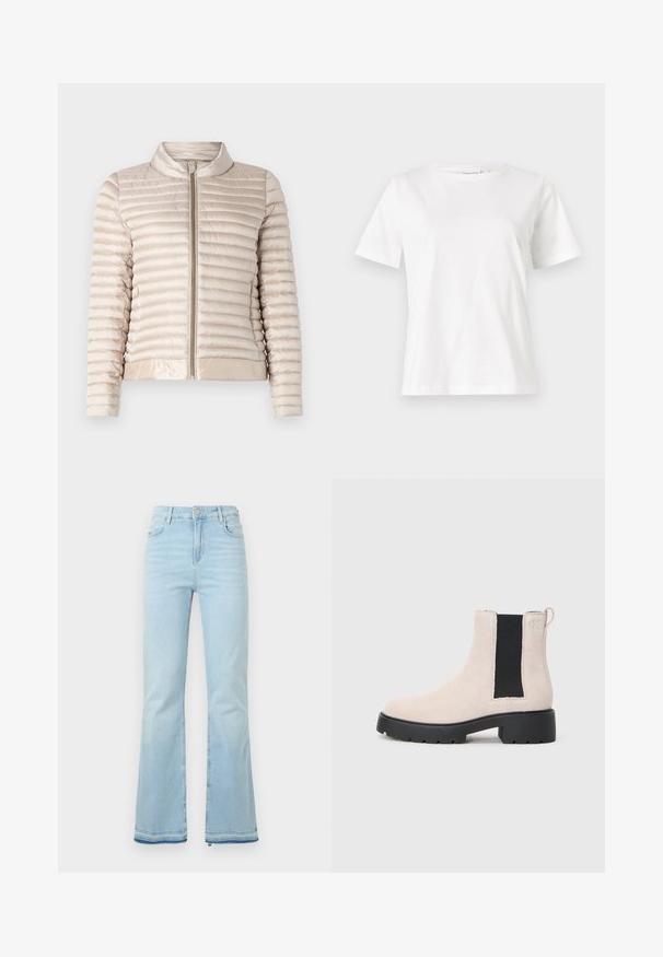 Gai bēšs pufīgais mētelis ar horizontālu kvadrātu rakstu, ar rāvējslēdzēju un stāvošu apkakli. Ievērojams ar gludu, spīdīgu audumu un elastīgu apakšmalu.; Baltas kokvilnas T-krekls ar īsām piedurknēm, apaļu kakla izgriezumu un brīvu piegriezumu. Gluda tekstūra, bez rakstiem vai akcentiem, minimālistisks dizains.; Gai zilgani zvīles, kas izgatavotas no džinsa, ar augstu vidukli, priekšējām kabatām un neapstrādātu apakšmalu, nodrošinot ikdienišķu izskatu.; Bežs zamšs Čelsijas zābaks ar melnu elastīgu sānu paneli, masīvu melnu zoli unvilkšanas cilpu pie potītes.