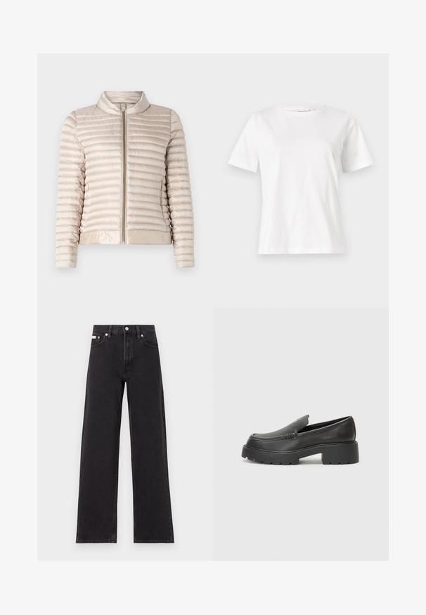 Világos bézs színű, puffasztott kabát vízszintes steppelt mintával, cipzáras záródással és álló gallérral. Simább, fényes anyagból készült, rugalmas aljjal.; Fehér pamut póló rövid ujjakkal, kerek nyakkivágással és laza szabással. Sima textúra, nincsenek minták vagy díszítések, minimalista dizájn.; Fekete, bőszárú farmernadrág, magas derekú, öt zsebes kialakítással és fém gombos záródással, kontrasztos varrással.; Fekete bőr loafer cipők kerek orral, vastag, texturált talppal és minimális varrási részletekkel. Áramvonalas dizájn, látható fűzők vagy fém részek nélkül.