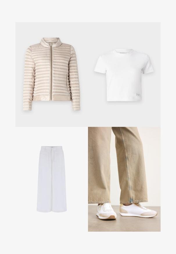 Hele beež puffer-jakk, millel on horisontaalne tikandimuster, tõmbluku kinnitamine ja kõrge krae. Omab siledat, läikivat kangast ja elastset ääreosa.; Valge lühike t-särk, mis on valmistatud siledast puuvillast, kõrge kaelusega ja lühikeste varrukatega. Väike tikand logoga alumises nurgas.; Valged laiad püksid sujuva tekstuuriga, millel on kaks esistaskut ja nööbilukk, on loodud mugava sobivuse jaoks.; Valged sneakers, millel on beežist seemisnahast aksent, tasas lace-kinnitus ja kummist tallad, koos heledate beežide sirgete pükstega.