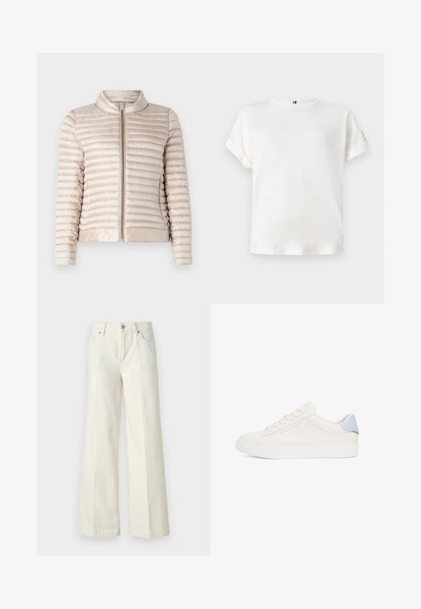 Light beige puffer jacket with horizontal quilted pattern, zip closure, and a stand-up collar. Features smooth, shiny fabric and elastic hem.; White short-sleeve t-shirt with a round neckline and rolled cuffs, made of soft fabric, featuring a subtle logo accent near the hem.; Wide-leg white jeans made from cotton blend fabric. Features a zipper fly, five-pocket design, and stitching along the seams.; White leather sneaker with a smooth texture, light blue accent at the heel, gold hardware detail, and raised brand logo on the side.