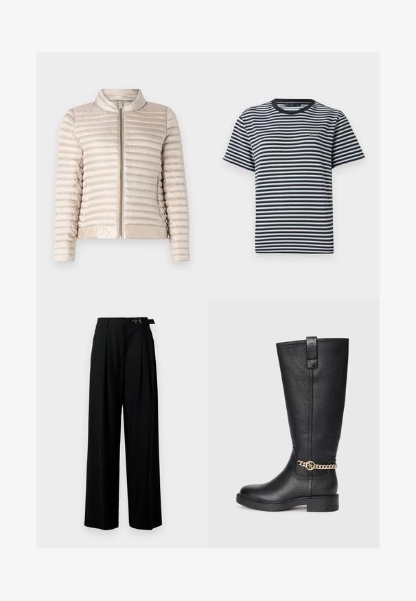 Light beige puffer jacket with horizontal quilted pattern, zip closure, and a stand-up collar. Features smooth, shiny fabric and elastic hem.; Striped t-shirt featuring black and white horizontal stripes, crew neckline, and short sleeves. Made of soft, lightweight fabric.; Black wide-leg trousers with a high waist, pleats at the front, and a belt featuring a buckle. Made from smooth, lightweight fabric.; Black leather knee-high boot with a textured finish, featuring a decorative gold chain accent and a flat rubber sole.