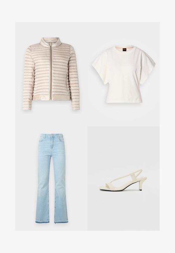 Hellbeige Daunenjacke mit horizontalem Steppmuster, Reißverschluss und Stehkragen. Besitzt glattes, glänzendes Material und elastischen Saum.; Weißes, kurzes T-Shirt, kurze weite Ärmel, weicher Baumwollstoff, runder Ausschnitt mit subtilen orangefarbenen Akzenten, minimales Design, keine Muster oder Grafiken.; Hellblaue Schlagjeans aus Denim, mit hoher Taille, Vordertaschen und einem rohen Saum an den Bündchen für einen lässigen Look.; Beige Blockabsatzsandalen mit dünnen Riemen und quadrater Spitze. Glattes Material mit minimalem Design, entworfen für einfaches Tragen.