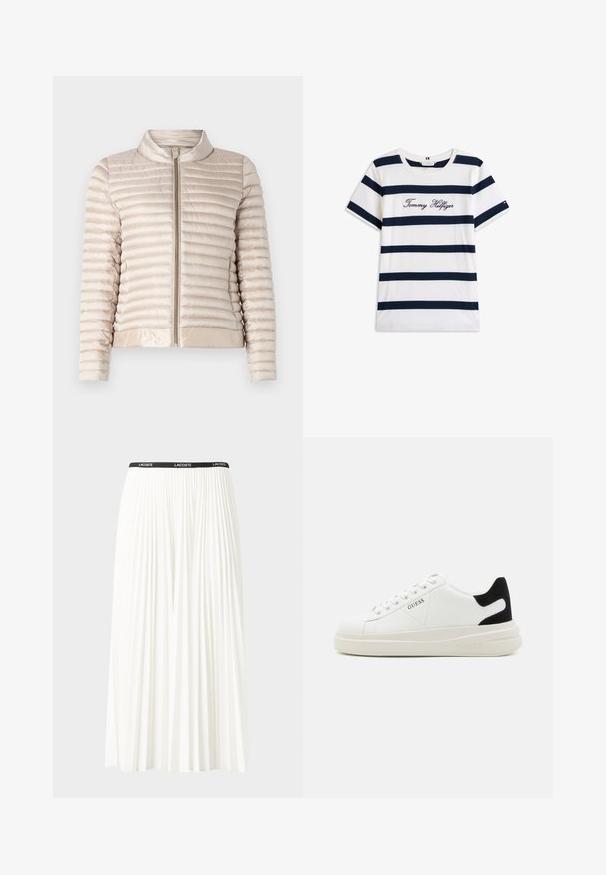 Lichtbeige pufferjack met horizontaal gestikte patroon, ritssluiting en een opstaande kraag. Heeft een gladde, glanzende stof en een elastische zoom.; Katoenen T-shirt met horizontale marineblauwe strepen op een witte achtergrond. "Tommy Hilfiger" geborduurd in cursieve letters op de borst. Ronde hals.; Plisséminirok in het wit met een zwarte elastische tailleband met het "LACOSTE"-logo. Middellange ontwerp met een zachte textuur.; Witte leren sneakers met een dikke witte zool, zwarte suède hielaccent en een geperst logo op de zijkant. Vetersluiting met zes oogjes.