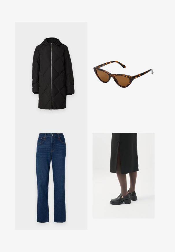 Μαύρο πούφερ παλτό με επένδυση και κουκούλα, με μπροστινή κλείσιμο με φερμουάρ, μακριά μανίκια και ραφή σε διαμαντέ Pattern.; Μαύρο διαφανές μπλουζάκι με μακριά φουφού μανίκια, διαθέτει λαιμόκοψη με κορδόνι και υφή σε μοτίβο φύλλων σε ανοιχτό γκρι χρώμα. Σιλουέτα peplum.; Σκούρο μπλε τζιν παντελόνι με ίσια γραμμή, πέντε τσέπες, πορτοκαλί ραφές και κουμπί στη μέση.; Μαύρα δερμάτινα παπούτσια με στρογγυλή μύτη, χοντρό τετράγωνο τακούνι και ελαστικές πλάγιες λεπτομέρειες, συνδυασμένα με σκούρες καλσόν και μια μαύρη φούστα με σχίσιμο.; Γυαλιά ηλίου τύπου cat-eye με μαύρο και πορτοκαλί καβούκι, καφέ φακούς και κομψές, μυτερές άκρες. Φέρουν ένα μίνιμο λογότυπο στο βραχίονα.