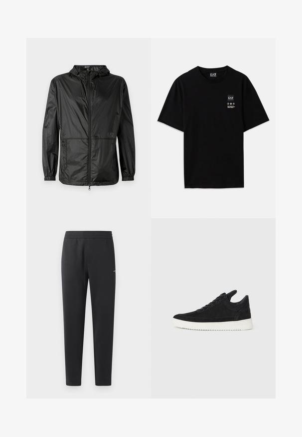 Crna lagana jakna s kapuljačom, s punim prednjim zatvaračem, elastičnim manžetama i glatkom, sjajnom teksturom. Logotip otisnut sprijeda.; Crna pamučna majica s kratkim rukavima, okruglim izrezom i malom oznakom logotipa sprijeda koja sadrži simbole za njegu u bijeloj boji.; Crne trenirke izrađene od mekanog materijala, sa elastičnom trakastom, ravnim nogavicama i jednim malim logom sa strane.; Crne nubuk tenisice s bijelim gumenim potplatom, s toniranim šavovima i dizajnom vezanja. Glatka tekstura s modernim, strujnim oblikom.