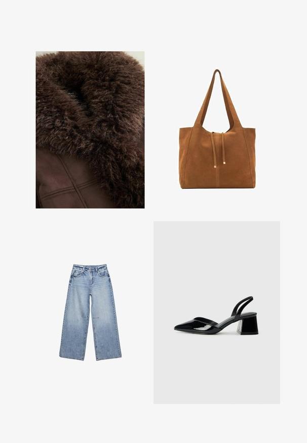 Col de fourrure synthétique marron sur une veste brun foncé, présentant une texture douce, des lignes épurées et une finition en tissu lisse. Étiquette visible à l'intérieur.; Pull en maille marron avec un col rond, des épaules basses et des poignets côtelés. Texture douce, design court et coupe ample.; Jean large bleu clair en denim, avec une taille haute, cinq poches, un léger délavage et des ourlets bruts.; Escarpins en cuir verni noir avec bout pointu et talon bloc géométrique. Présente un design élégant et minimaliste ainsi qu'une texture lisse.; Sac fourre-tout en suede marron avec deux longues poignées, fermeture à cordon, et design minimaliste. Texture lisse et sans accents matériels visibles.