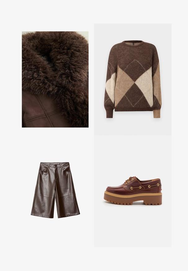 Collare in pelliccia sintetica marrone su una giacca marrone scuro, con texture morbida, linee pulite e finitura in tessuto liscia. Etichetta visibile all'interno.; Maglione a maglia con motivo argyle marrone e beige, maniche lunghe e polsini a coste, su uno sfondo bianco.; Pantaloni corti larghi di lunghezza al ginocchio in finta pelle marrone con tasche frontali e passanti per la cintura, distesi su uno sfondo bianco.; Scarpa da barca in pelle marrone con suola in gomma marrone robusta, occhielli dorati e cuciture a contrasto. Presenta un logo sul lato.