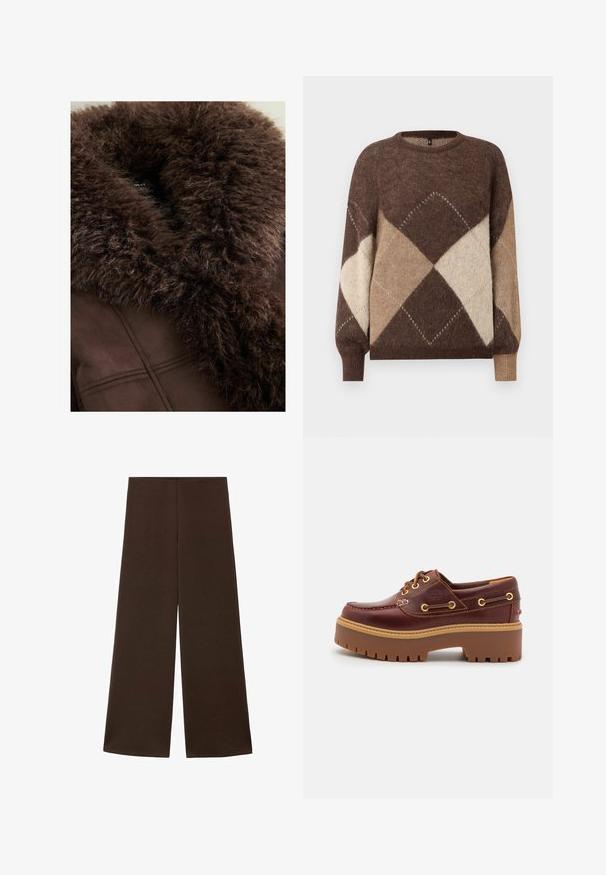 Brown faux fur collar on a dark brown jacket, featuring soft texture, clean lines, and a smooth fabric finish. Visible tag on the interior.; Brown and beige argyle patterned knit sweater with long sleeves and ribbed cuffs on a white background.; Wide-leg trousers made from a smooth, dark brown fabric. Features a high waistband and a minimalist design without embellishments.; Brown leather boat shoe with a chunky brown rubber sole, gold eyelets, and contrast stitching. Features a logo on the side.
