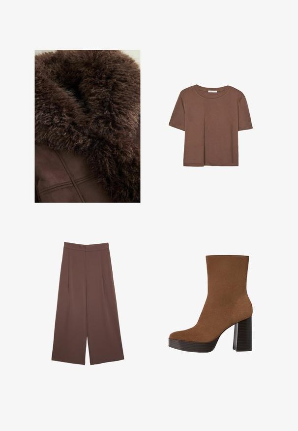 Hnedý umelý kožušinový golier na tmavohnedom saku, s jemnou textúrou, čistými líniami a hladkým povrchom. Viditeľná nálepka na vnútornosti.; Hnedé tričko s krátkym rukávom vyrobené z jemného materiálu, s okrúhlym výstrihom a voľným strihom. Žiadne viditeľné vzory ani akcenty.; Hnedé nohavice so širokými nohavicami a hladkou textúrou, s vysokým pásom a prednými skladmi. Tkanina je ľahká a voľne sa pohybuje.; Hnedé z semišu členkové topánky s okrúhlou špičkou, robustným čiernym pruhovaným podpätkom a hladkým povrchom. Vyhotovenie je prispôsobené bez viditeľných kovových prvkov.
