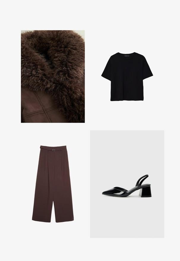 Brown faux fur collar on a dark brown jacket, featuring soft texture, clean lines, and a smooth fabric finish. Visible tag on the interior.; Black short-sleeve t-shirt made of cotton. Features a round neck and a loose fit with a smooth, plain texture. No visible patterns or accents.; Stradivarius WIDE-LEG WITH BUCKLE DETAIL - Trousers - dark brown; Black patent leather slingback heels with a pointed toe and a geometric block heel. Features a sleek, minimal design and smooth texture.